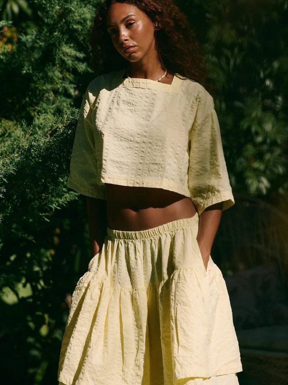 Free People Light Yellow Cropped Boxy Top